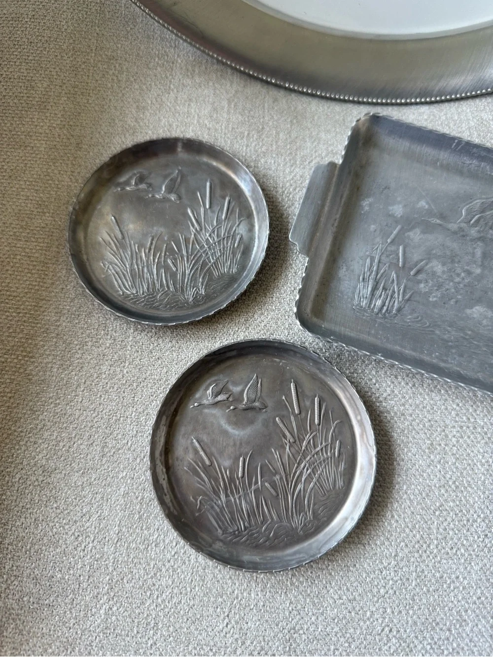 Vintage Aluminum Tray and Coaster Set with Flying Ducks Relief